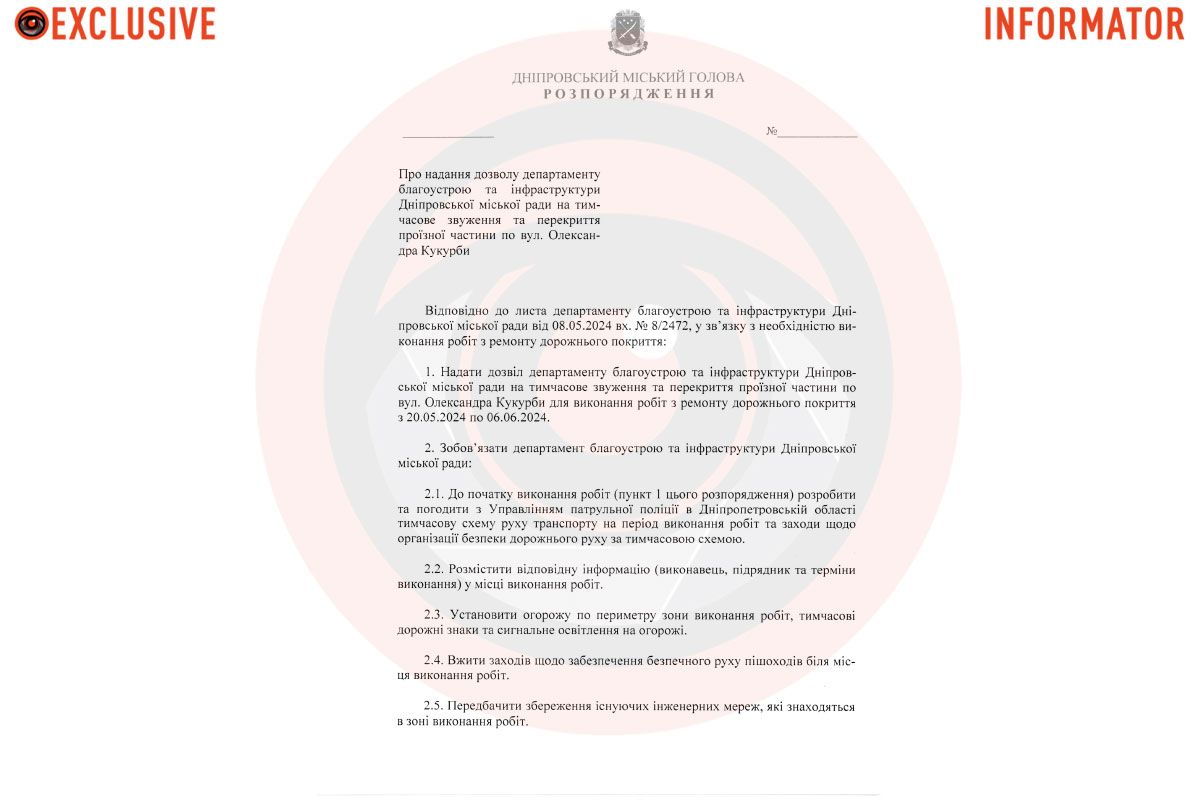 Проект распоряжения городского головы Днепра