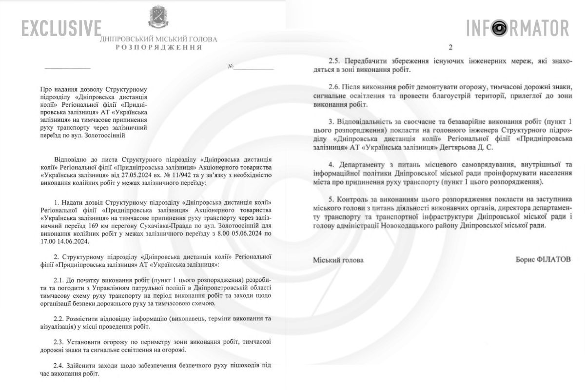 Проєкт розпорядження міського голови Дніпра Бориса Філатова.