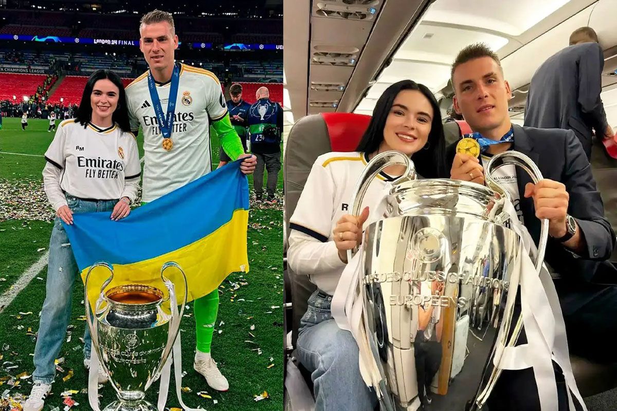 Украинский вратарь с трофеем и женой Украинский вратарь с трофеем и женой