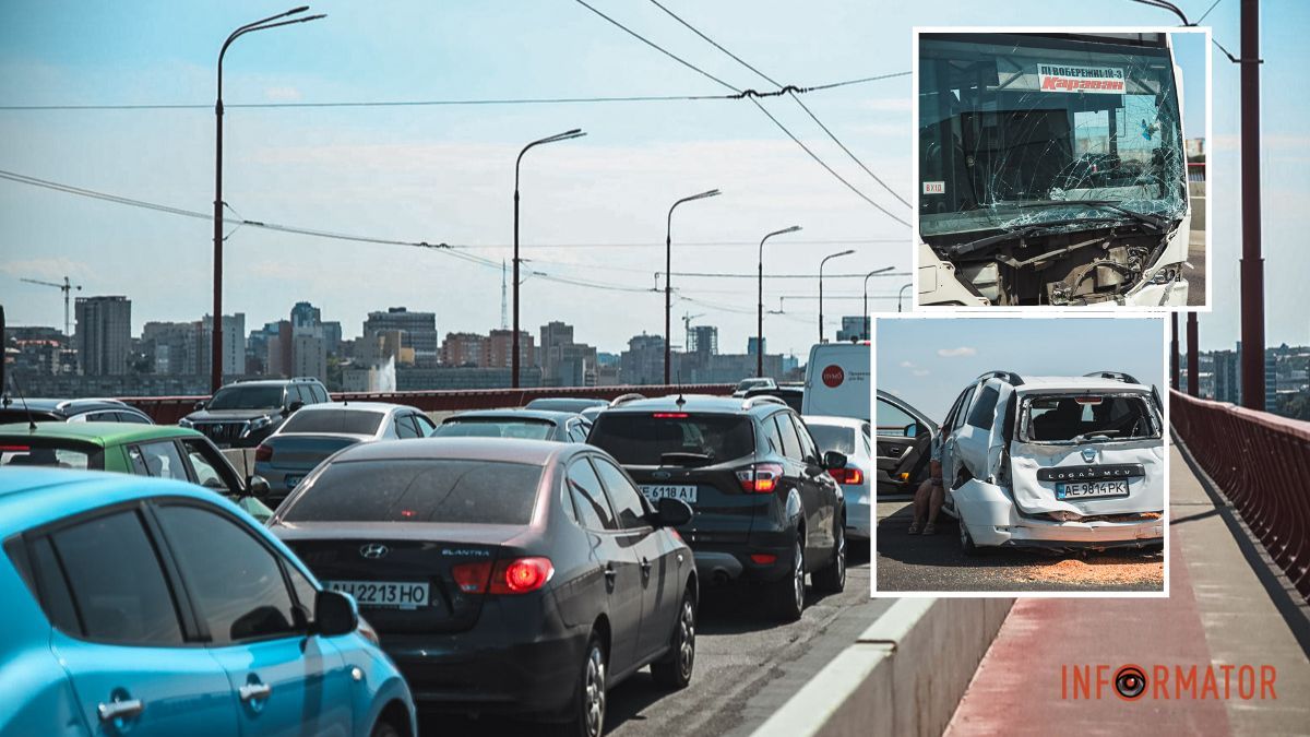 В Днепре на Новом мосту столкнулись Dacia и автобус №136: образовалась сильная пробка