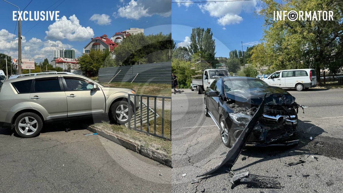 В Днепре на Космической Mitsubishi столкнулся с Mercedes и снес ограждение: пострадали три человека