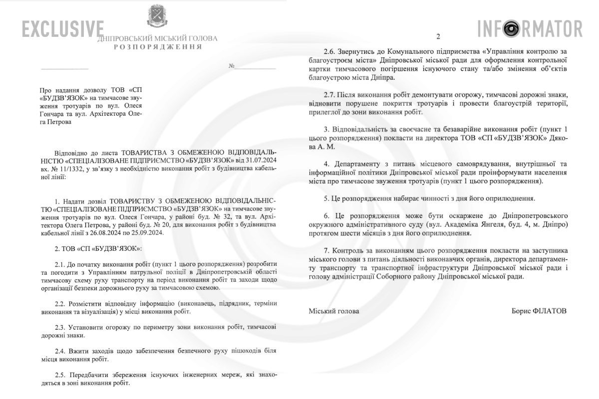 Проєкт розпорядження Дніпровського міського голови Бориса Філатова