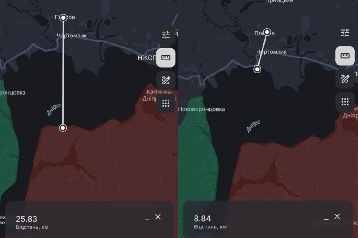 Карта відстані від Покрова до різних берегів Каховського водосховища 