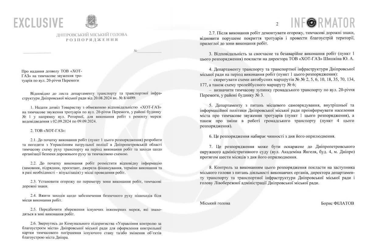 Проєкт розпорядження Дніпровського міського голови Бориса Філатова
