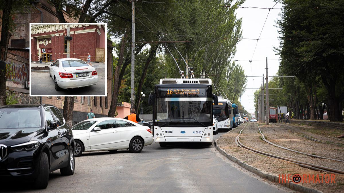 В Днепре на Соборной из-за водителя Mercedes образовалась пробка: заблокированы 7 маршрутов троллейбусов