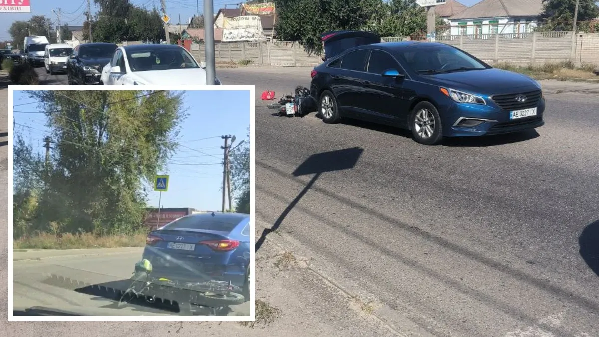 У Дніпрі на Передовій мотоцикліст врізався у Hyundai: відео моменту