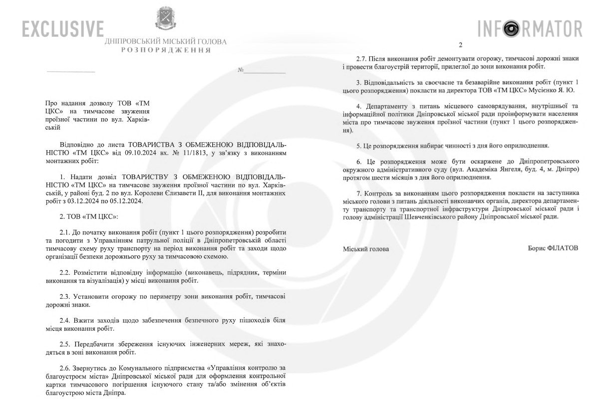 Проєкт розпорядження міського голови Дніпра Проєкт розпорядження міського голови Дніпра