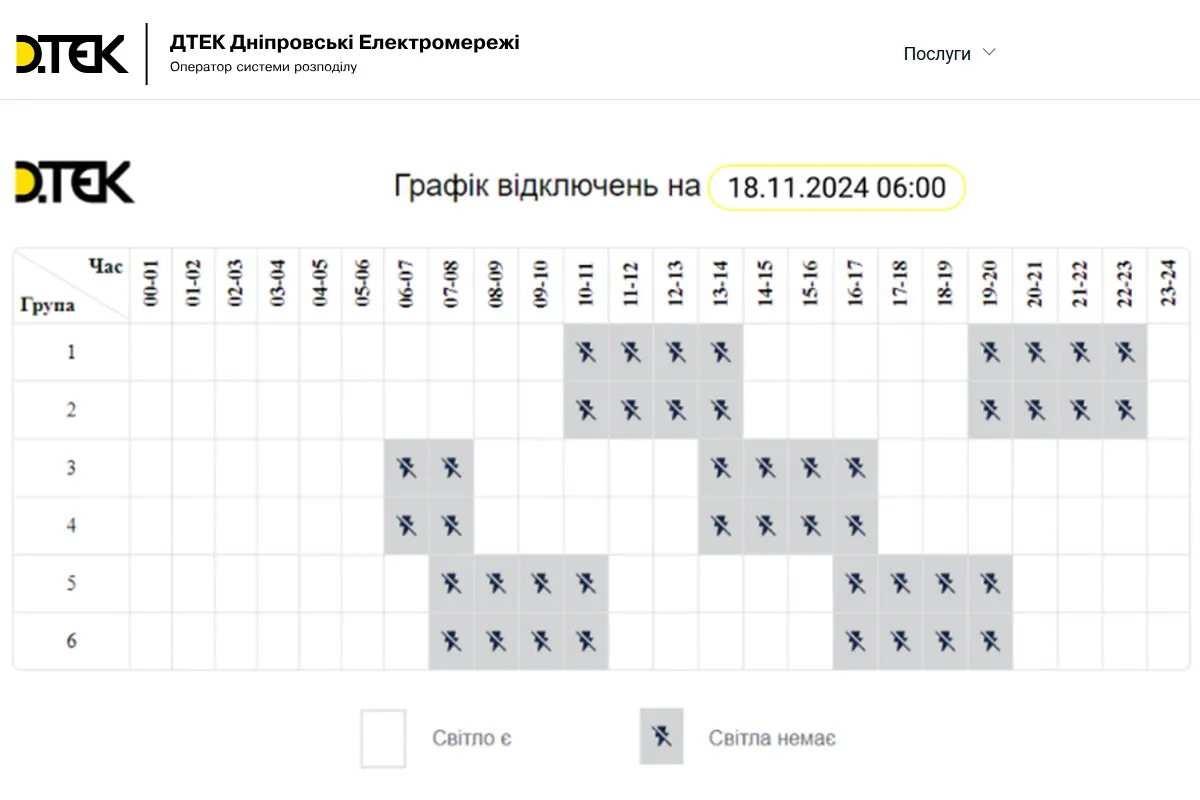 Графіки відключень світла для абонентів ДТЕК