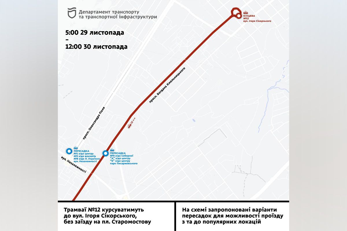 Причина – завершення другого та початок третього етапу ремонту трамвайного переїзду на перетині проспекту Лесі Українки та бульвару Батальйону Дніпро