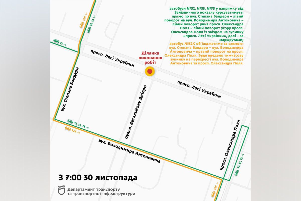 Для можливості здійснення пересадок на час ремонту працює тимчасова зупинка «бульвар Батальйону Дніпро» в напрямку вул. Степана Бандери для тролейбусів №4, №5