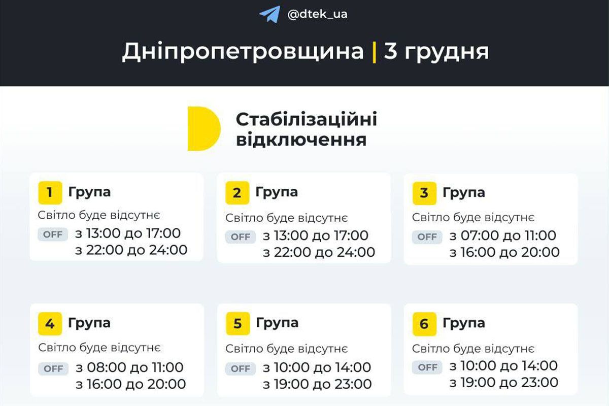 График отключений света для потребителей ДТЭК График отключений света потребителям ДТЭК