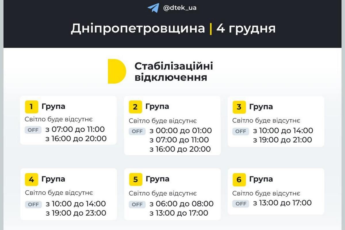 График стабилизационных отключений на 4 декабря для абонентов ДТЭК