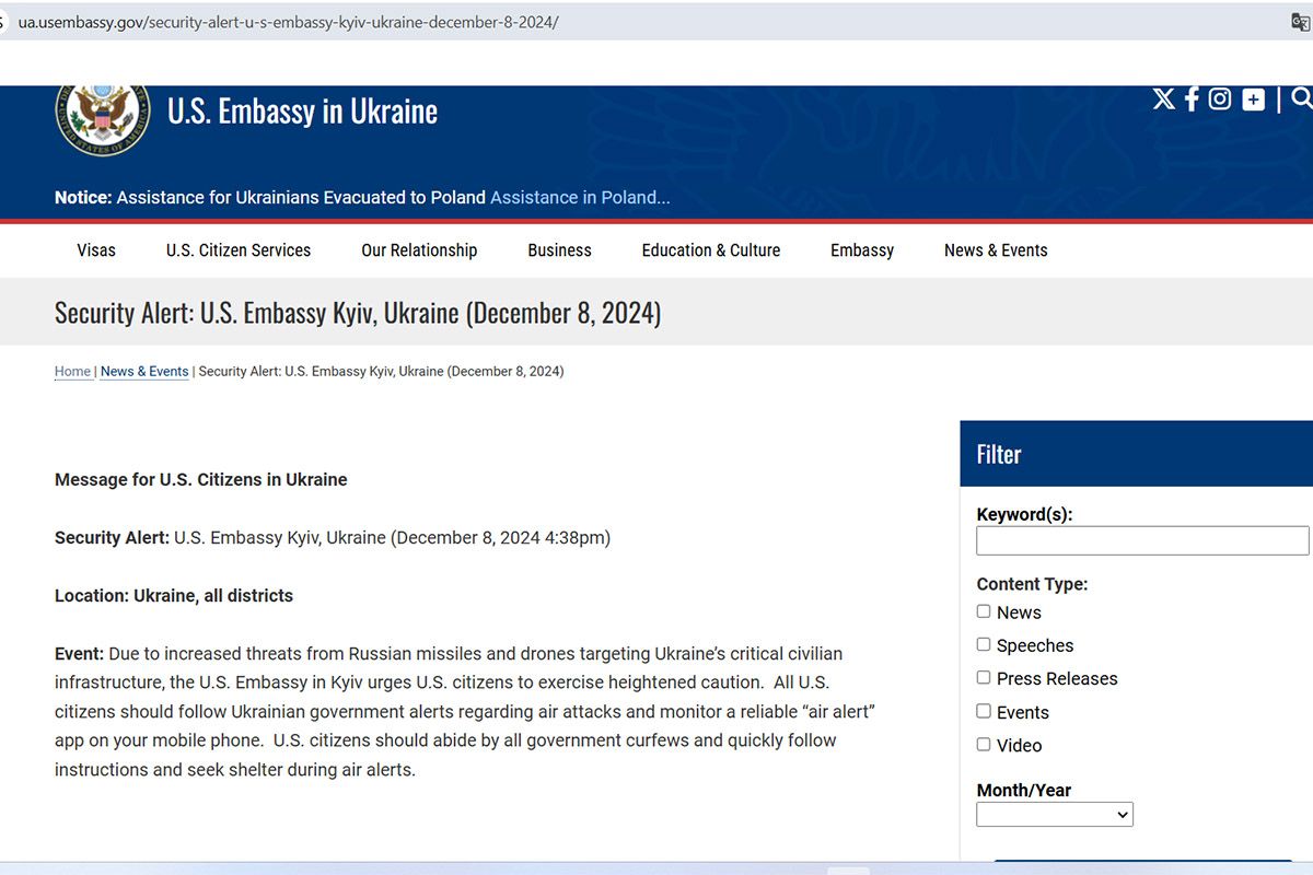 Попередження посольства США про ракетну атаку у грудні Попередження посольства США про ракетну атаку у грудні