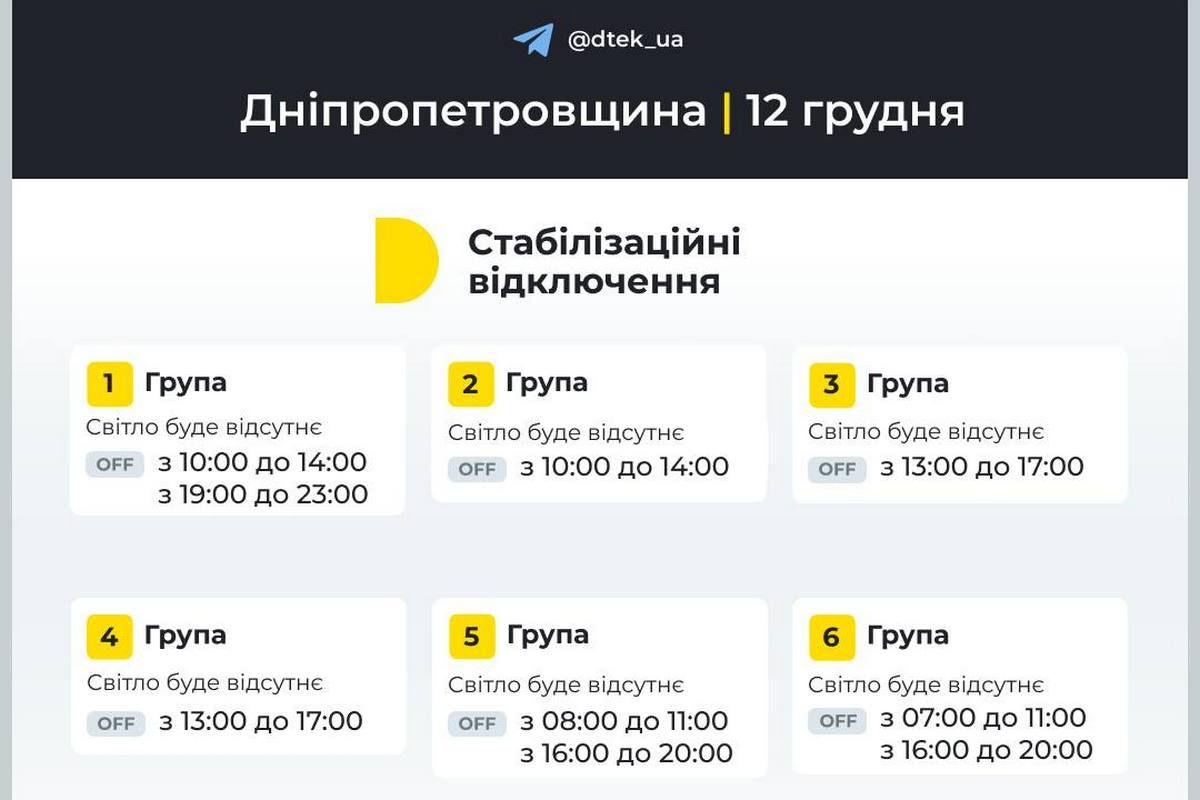 Графіки від ДТЕК на 12 грудня Графіки від ДТЕК на 12 грудня