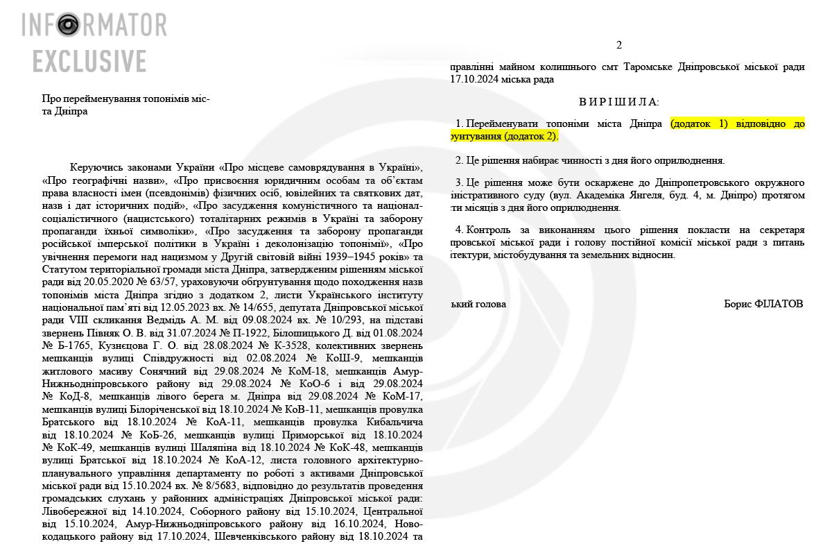 Проект решения горсовета "О переименовании топонимов города Днепра"