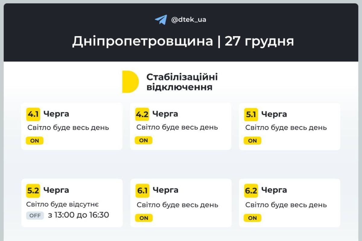 Погодинні відключення для абонентів ДТЕК - черги з 4.1 по 6.2 Погодинні відключення для абонентів ДТЕК - черги з 4.1 по 6.2