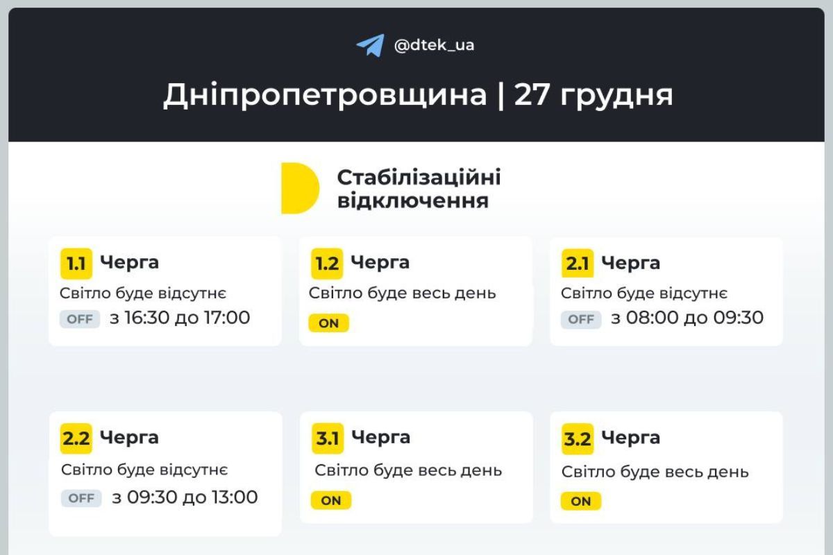 Погодинні відключення для абонентів ДТЕК - черги з 1.1 по 3.2 Погодинні відключення для абонентів ДТЕК - черги з 1.1 по 3.2