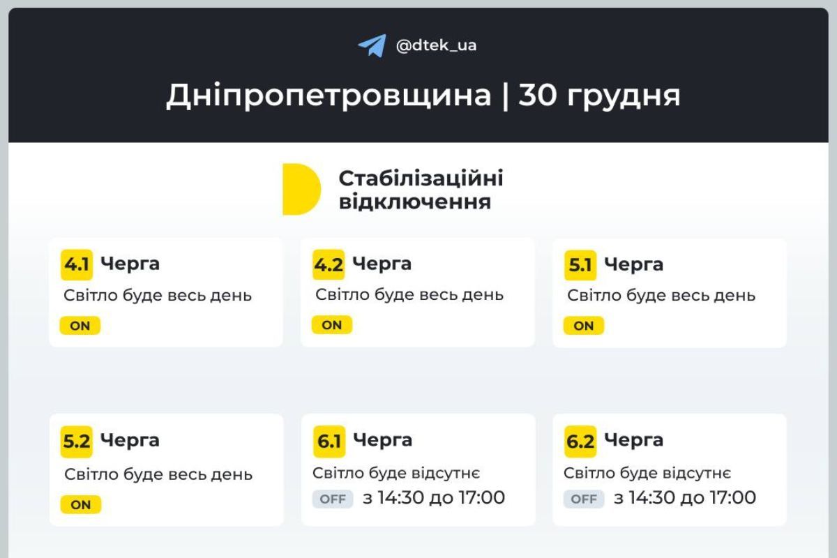 Погодинний графік відключення світла для абонентів ДТЕК (черги 4.1 - 6.2)