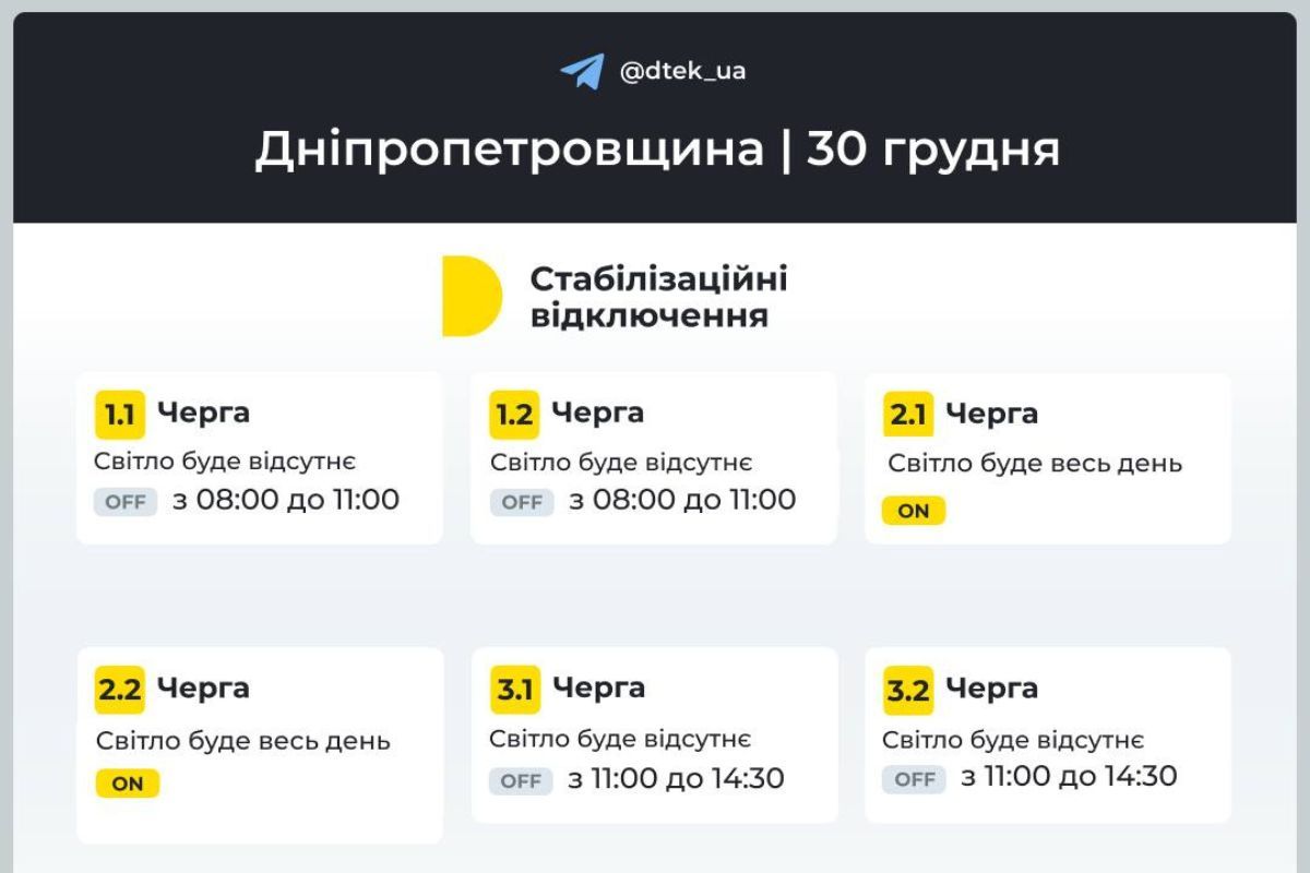Погодинний графік відключення світла для абонентів ДТЕК (черги 1.1 - 3.2)
