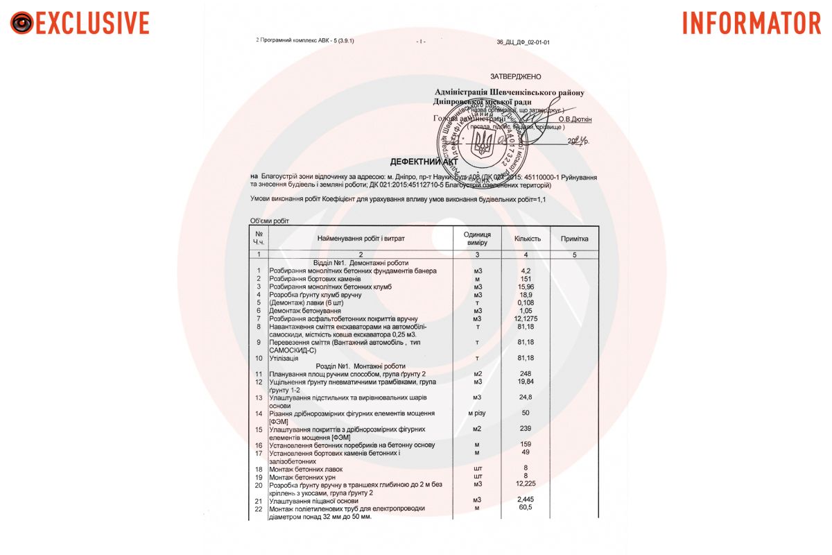 Заказчиком работ указана Администрация Шевченковского района Днепровского городского совета