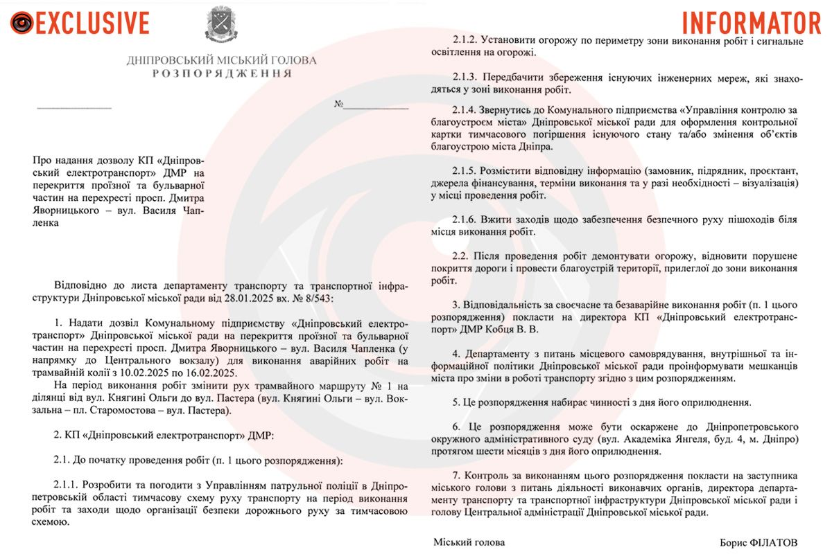 Проєкт розпорядження Дніпровського міського голови Бориса Філатова. Проєкт розпорядження Дніпровського міського голови Бориса Філатова.
