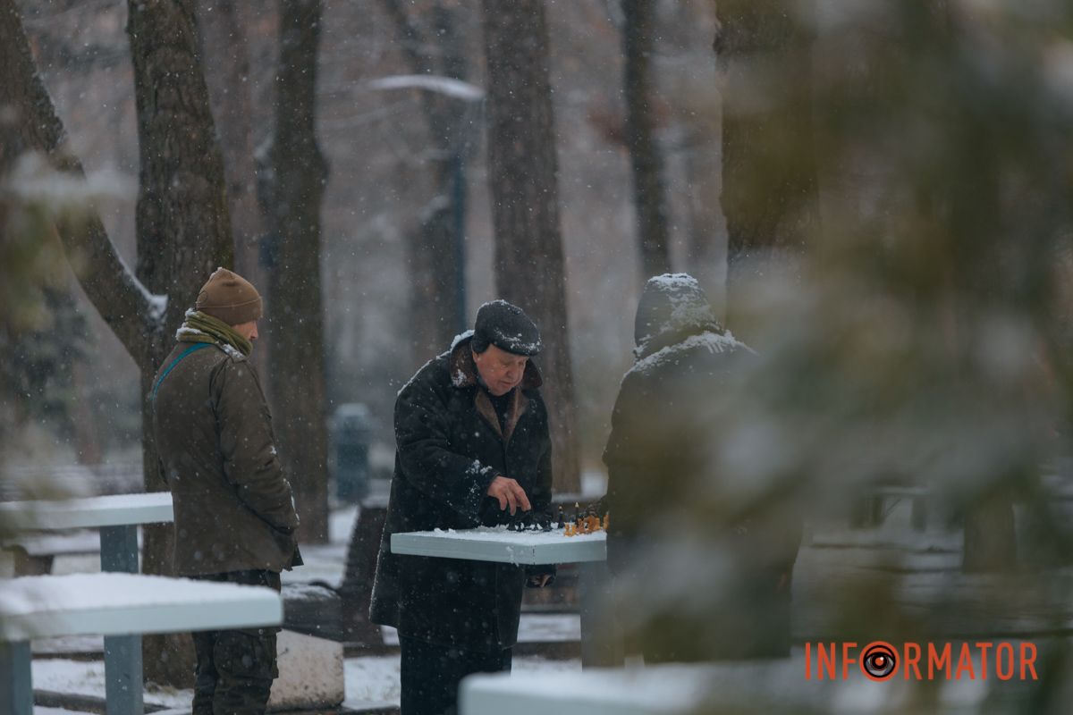 Чоловіки грають у шахи в снігопад 
