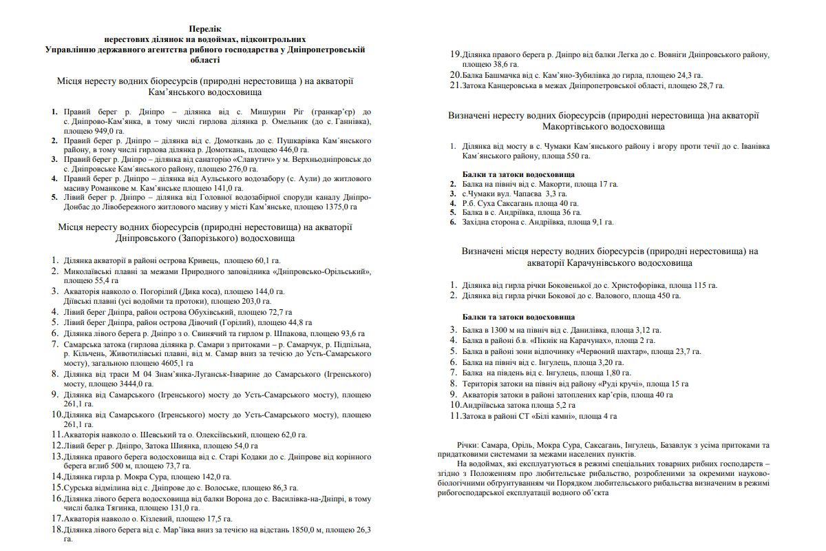 Перелік водойм, де діятиме нерестова заборона Перелік водойм, де діятиме нерестова заборона