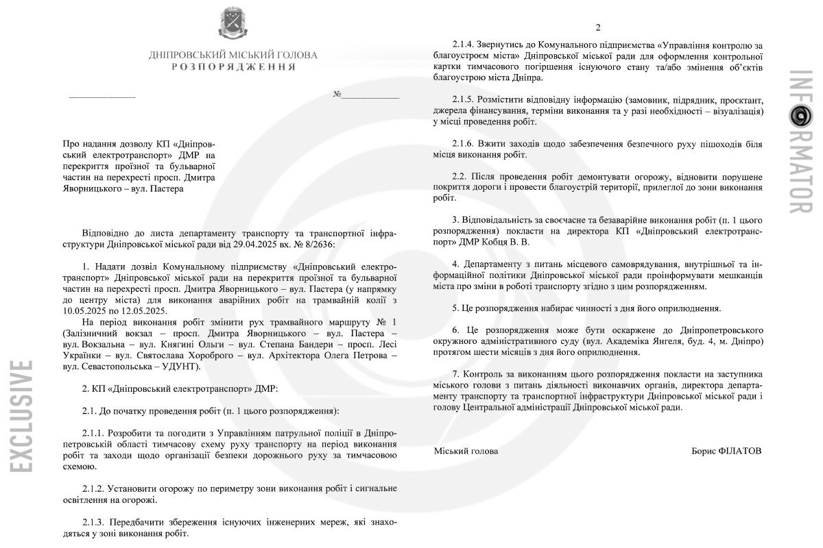 Проект распоряжения городского головы Днепра Бориса Филатова