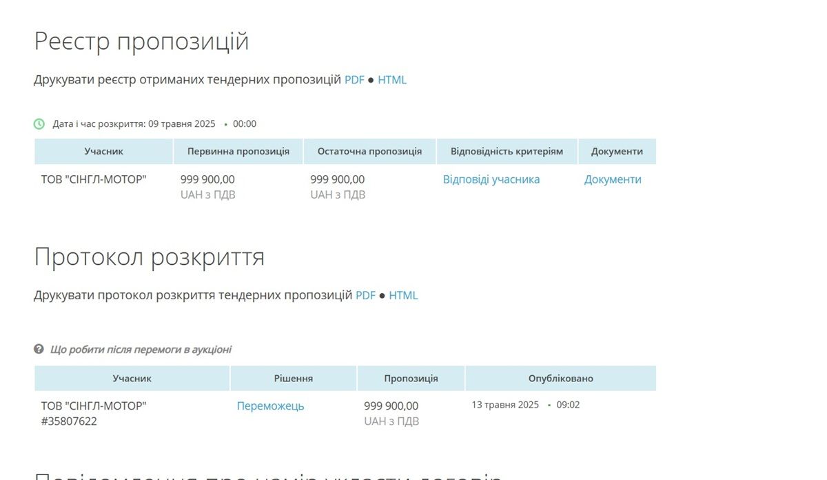 У тендері брав участь лише один учасник