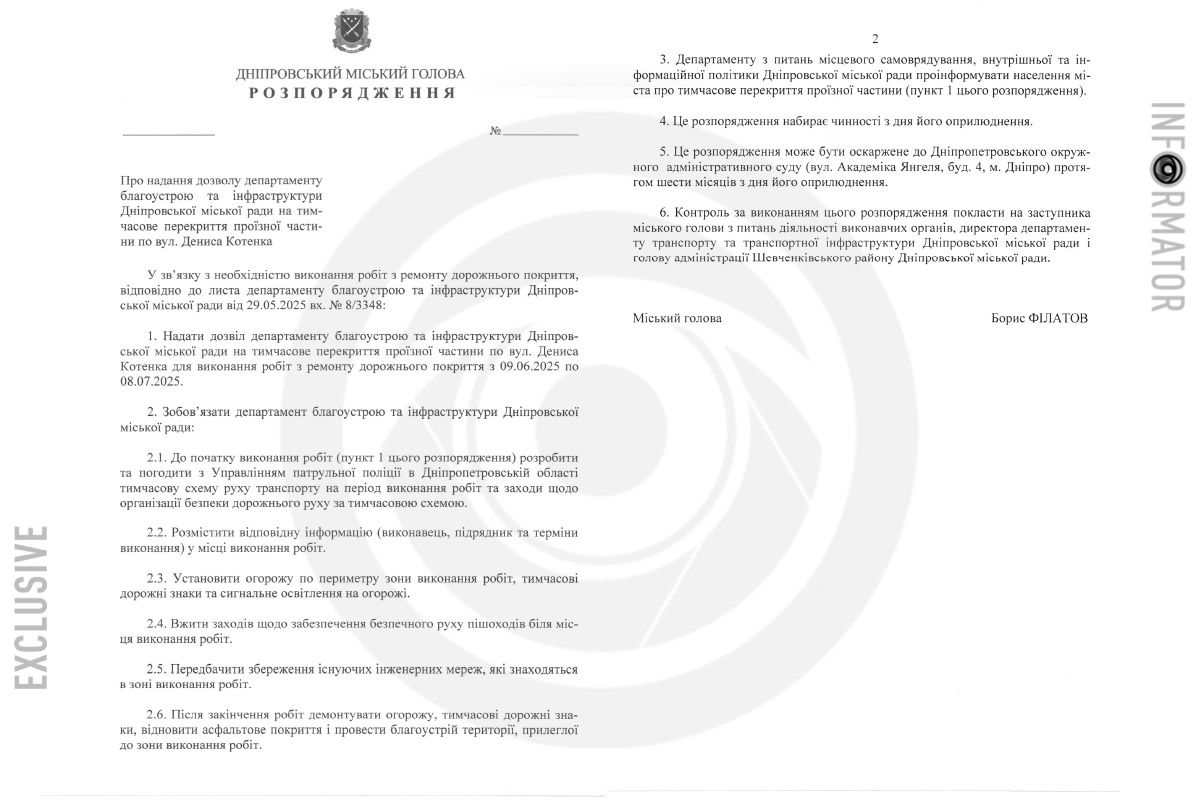 Проєкт розпорядження міського голови Дніпра Бориса Філатова