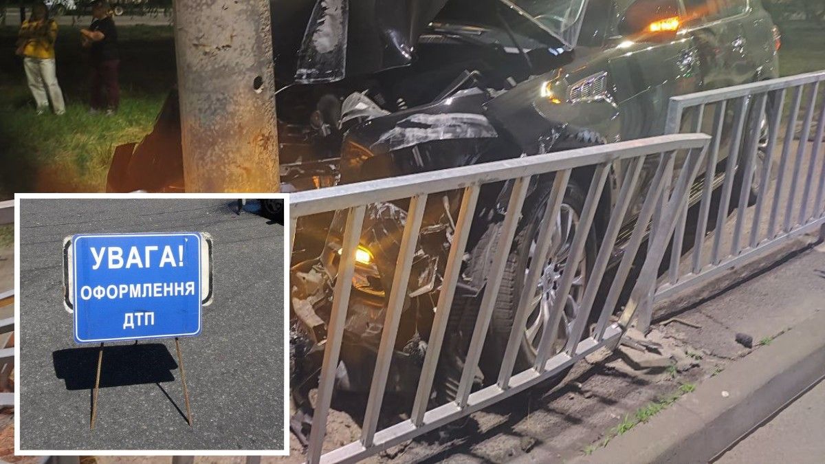 В Днепре на Набережной Заводской Infiniti врезался в столб и забор из-за водителя JAC