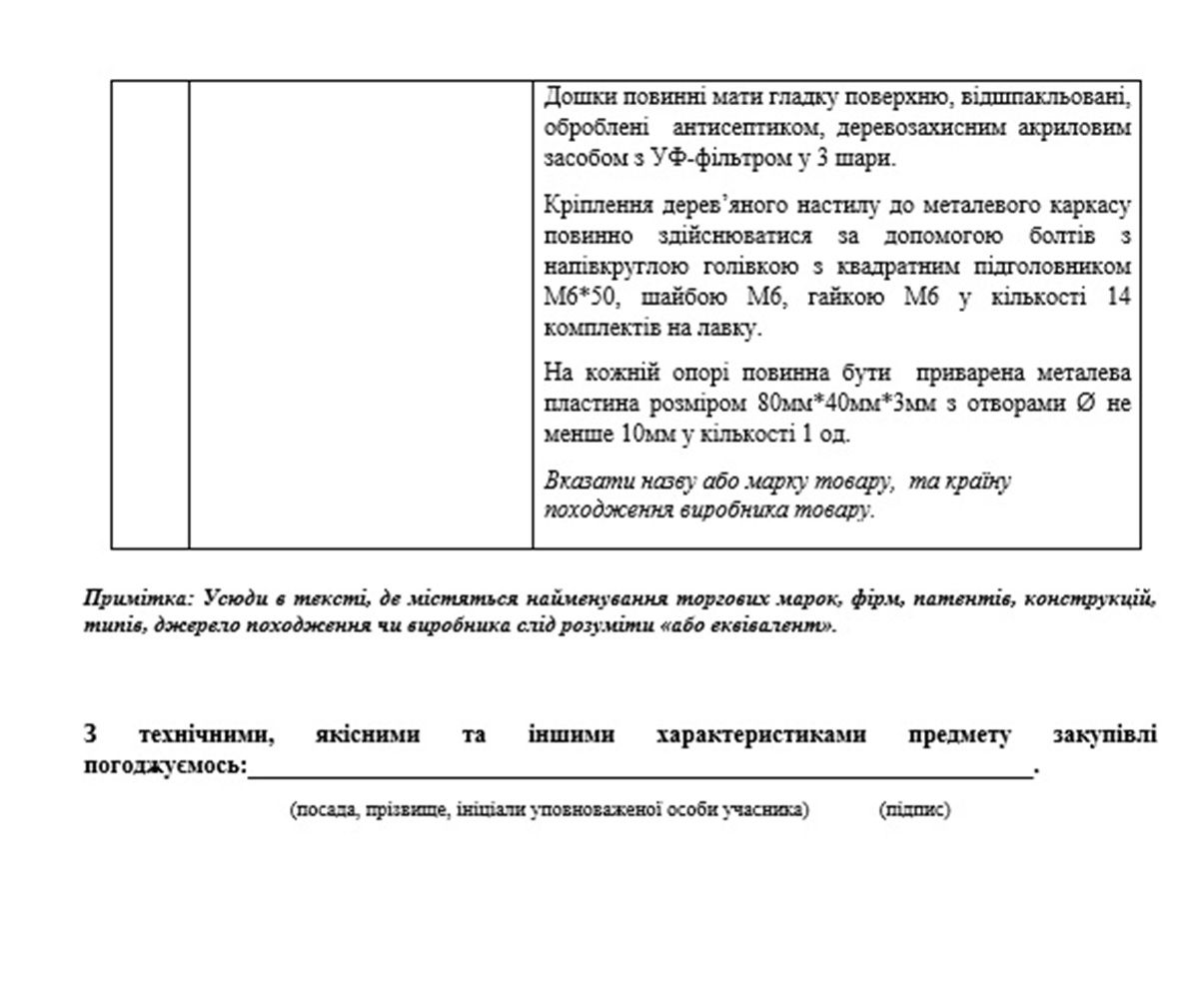 Лавки мають бути виготовлені з дерева та металу