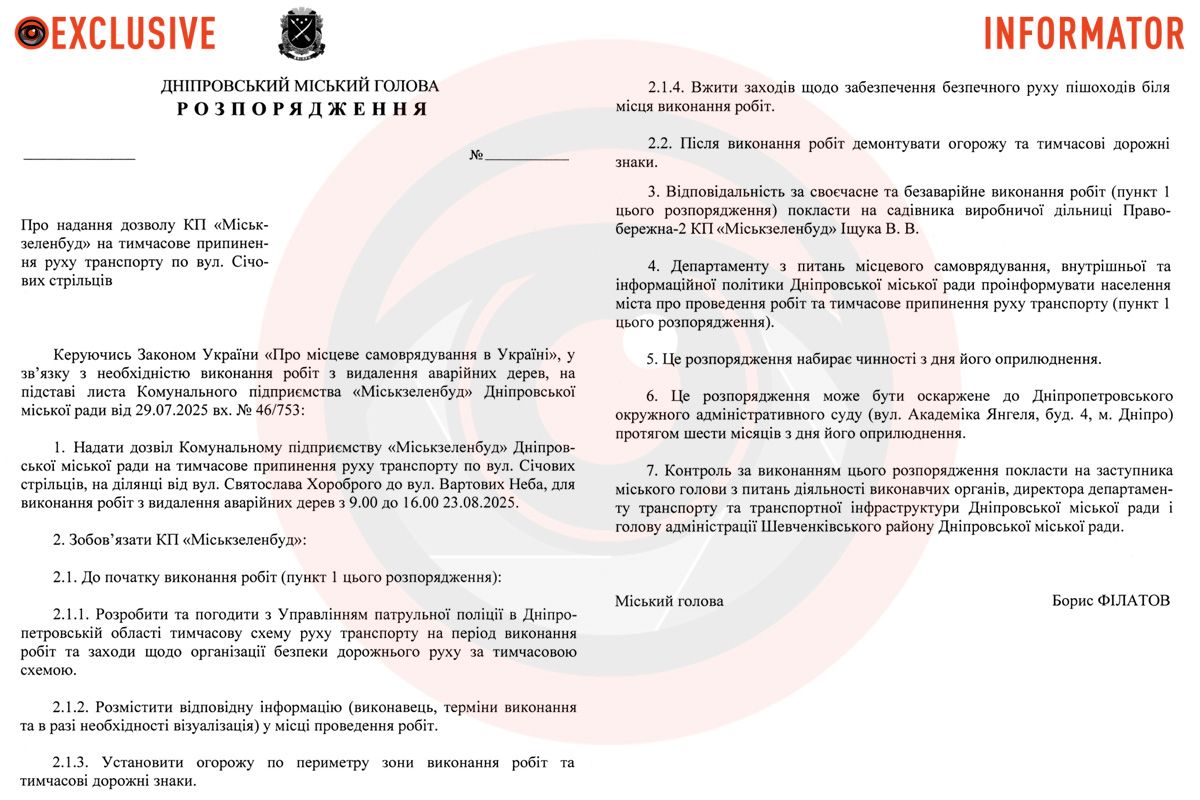 Проект распоряжения городского головы Днепра Бориса Филатова Проект распоряжения городского головы Днепра Бориса Филатова