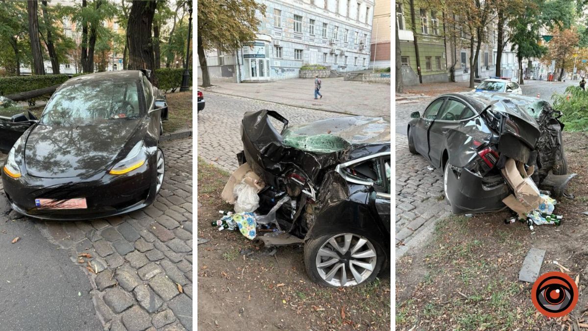 У Дніпрі на проспекті Яворницького Tesla влетіла в дерево: постраждав водій