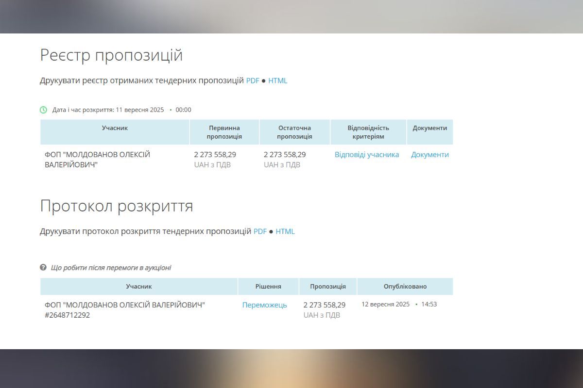 Единственный участник и победитель торгов