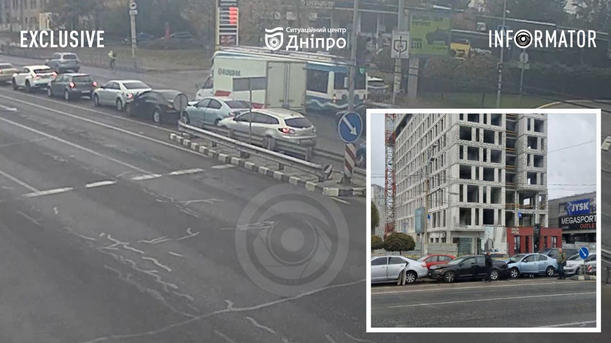 В Днепре на Слобожанском проспекте столкнулись 4 авто, образовалась пробка: видео момента