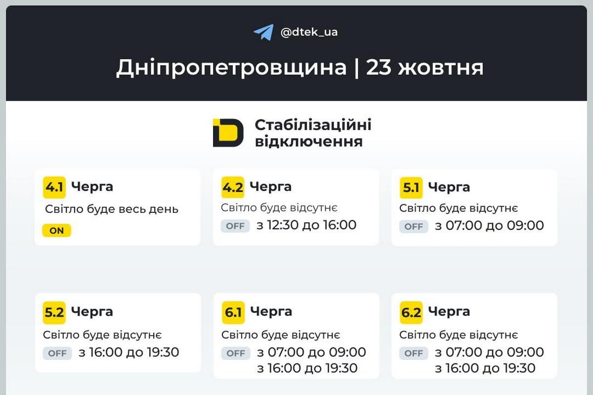 ДТЕК: графік відключень на 23 жовтня
