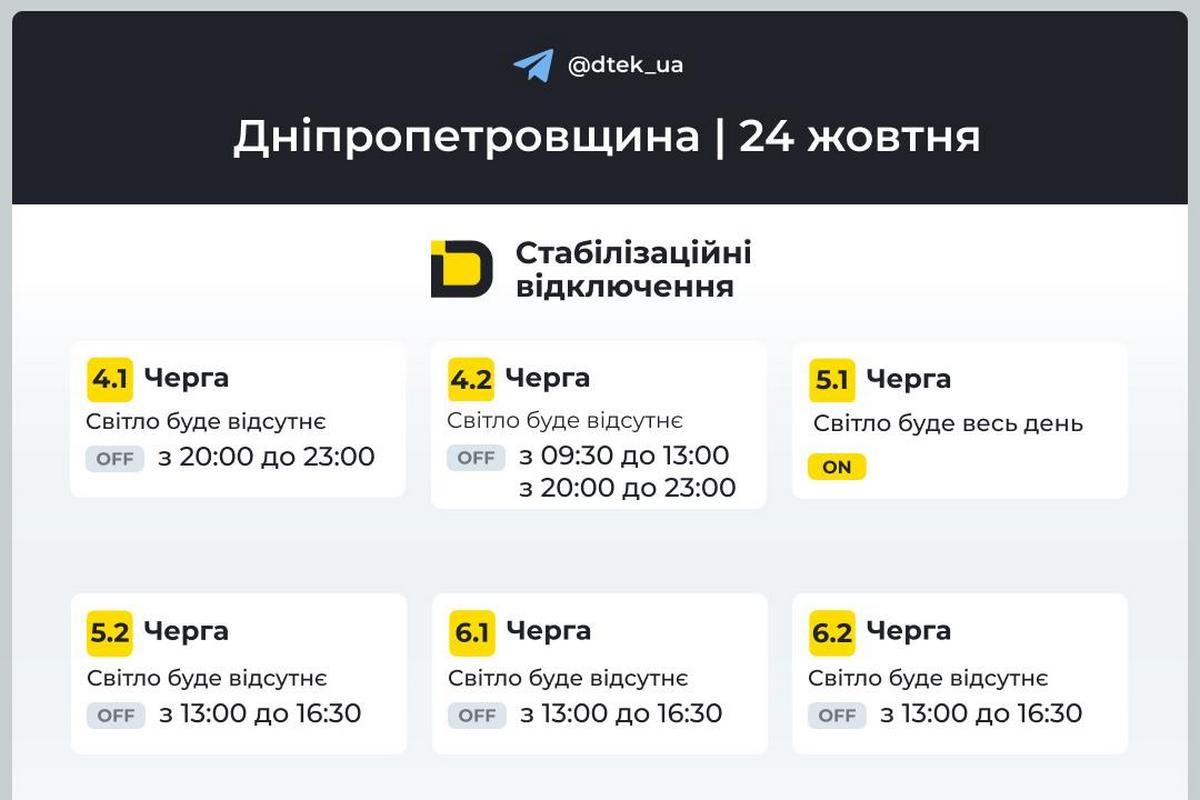 ДТЭК: график отключений на 24 октября ДТЭК: график отключений на 24 октября