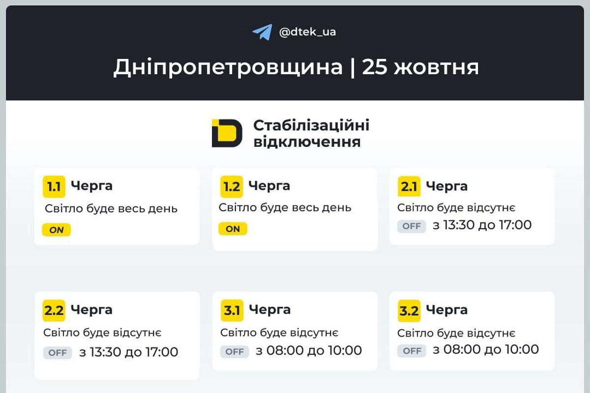 ДТЕК: графік відключень на 25 жовтня ДТЕК: графік відключень на 25 жовтня