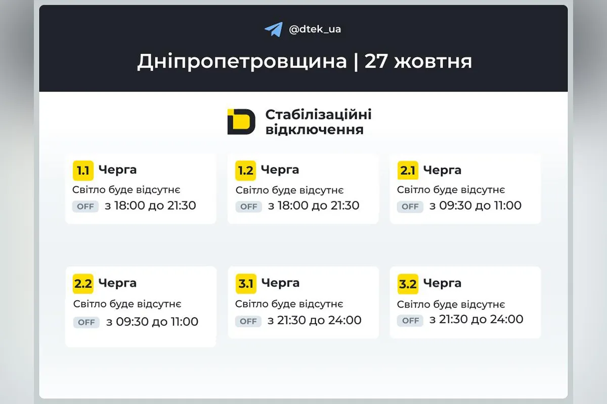 Графіки відключення світла станом на 27 жовтня Графіки відключення світла станом на 27 жовтня