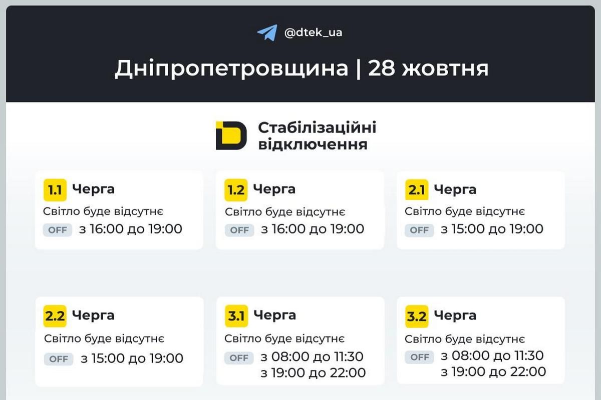 Графіки стабілізаційних відключень від ДТЕК на 28 жовтня Графіки стабілізаційних відключень від ДТЕК на 28 жовтня