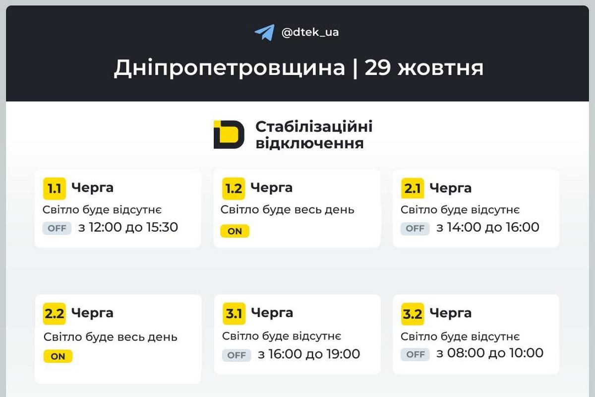 Графіки стабілізаційних відключень від ДТЕК на 29 жовтня Графіки стабілізаційних відключень від ДТЕК на 29 жовтня