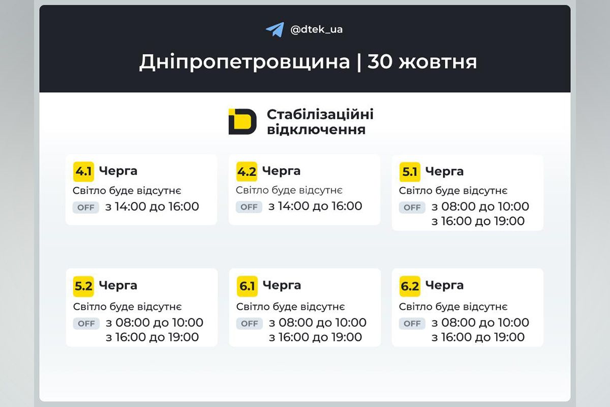 Графіки відключення для абонентів ДТЕК - черги з 4.1 по 6.2