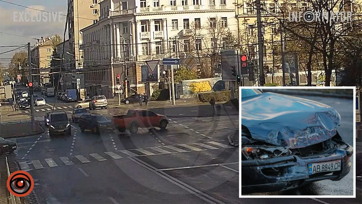 У Дніпрі на Яворницького Mitsubishi летів на «червоний», врізався в Opel і ледь не відлетів у пішоходів: відео моменту ДТП