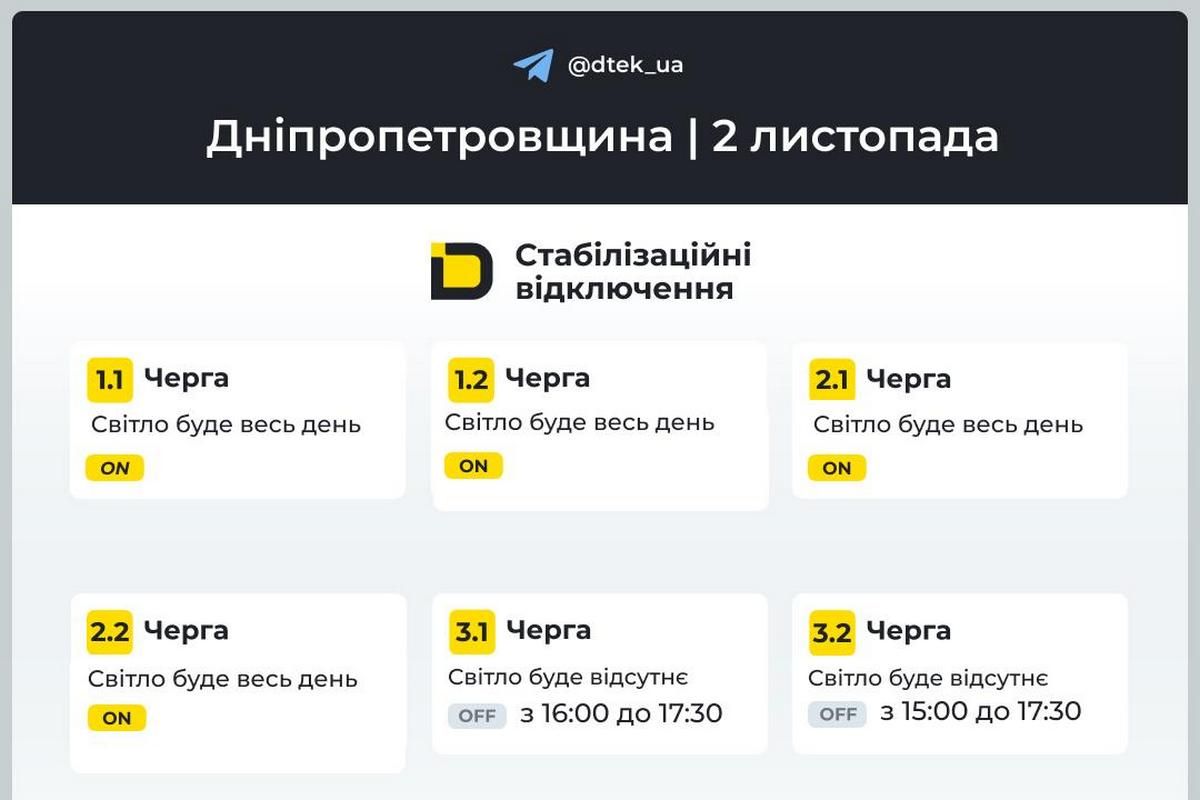 Графіки стабілізаційних відключень від ДТЕК на 2 листопада