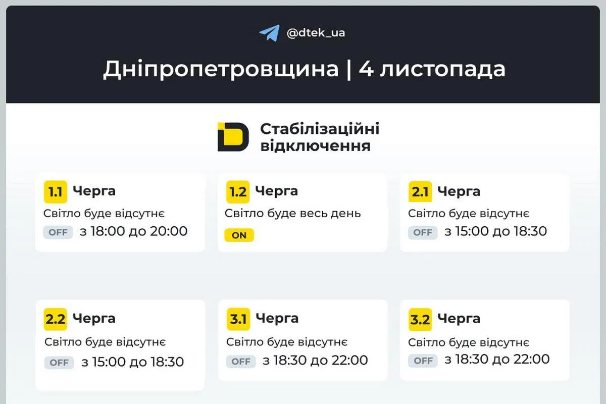 Графіки стабілізаційних відключень від ДТЕК на 4 листопада