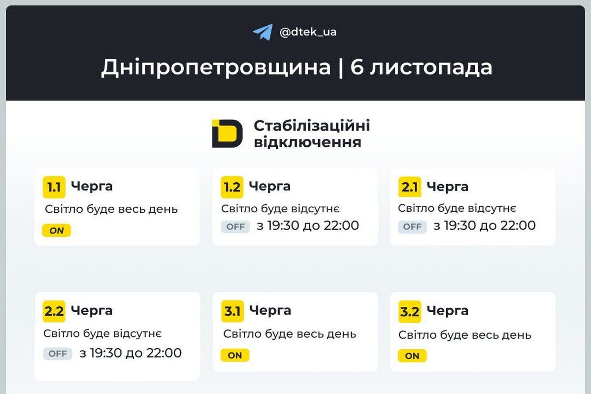Графіки стабілізаційних відключень від ДТЕК на 6 листопада