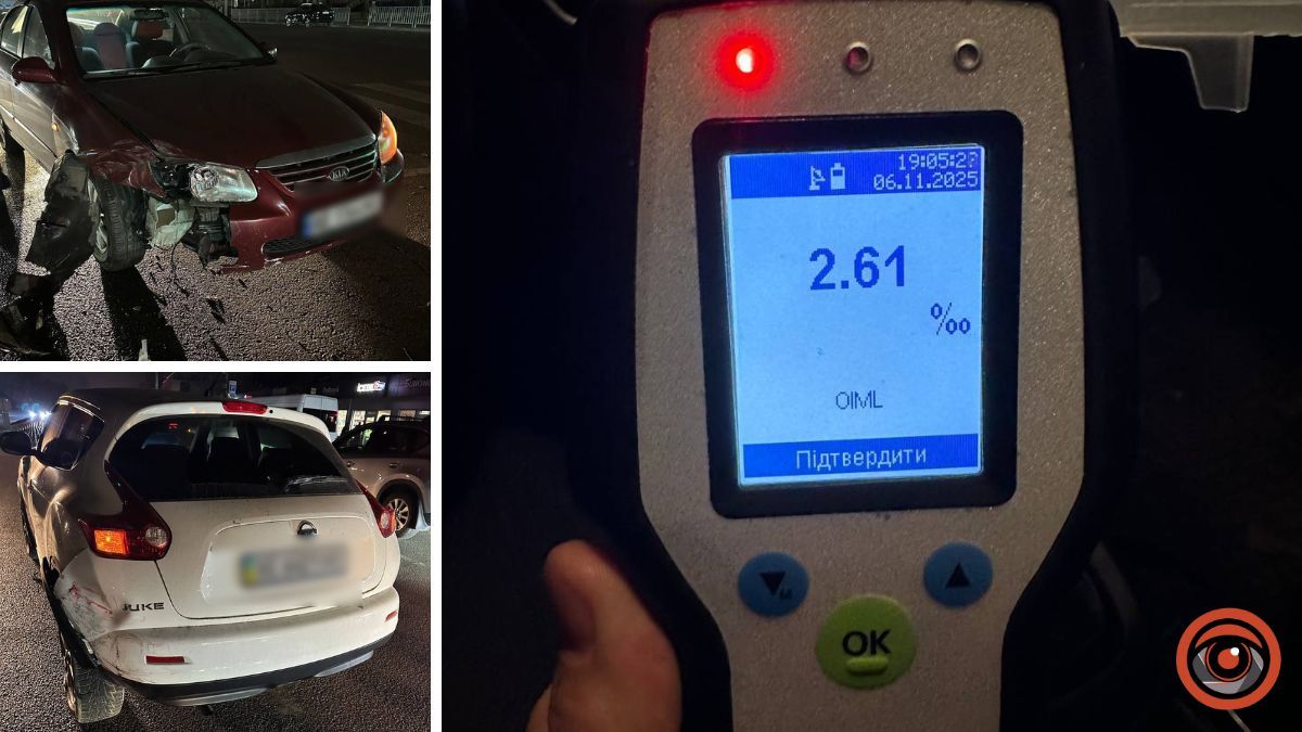 “Драгер” показав перевищення норми алкоголю в 13 разів: у Дніпрі нетверезий водій Kia врізався в Nissan