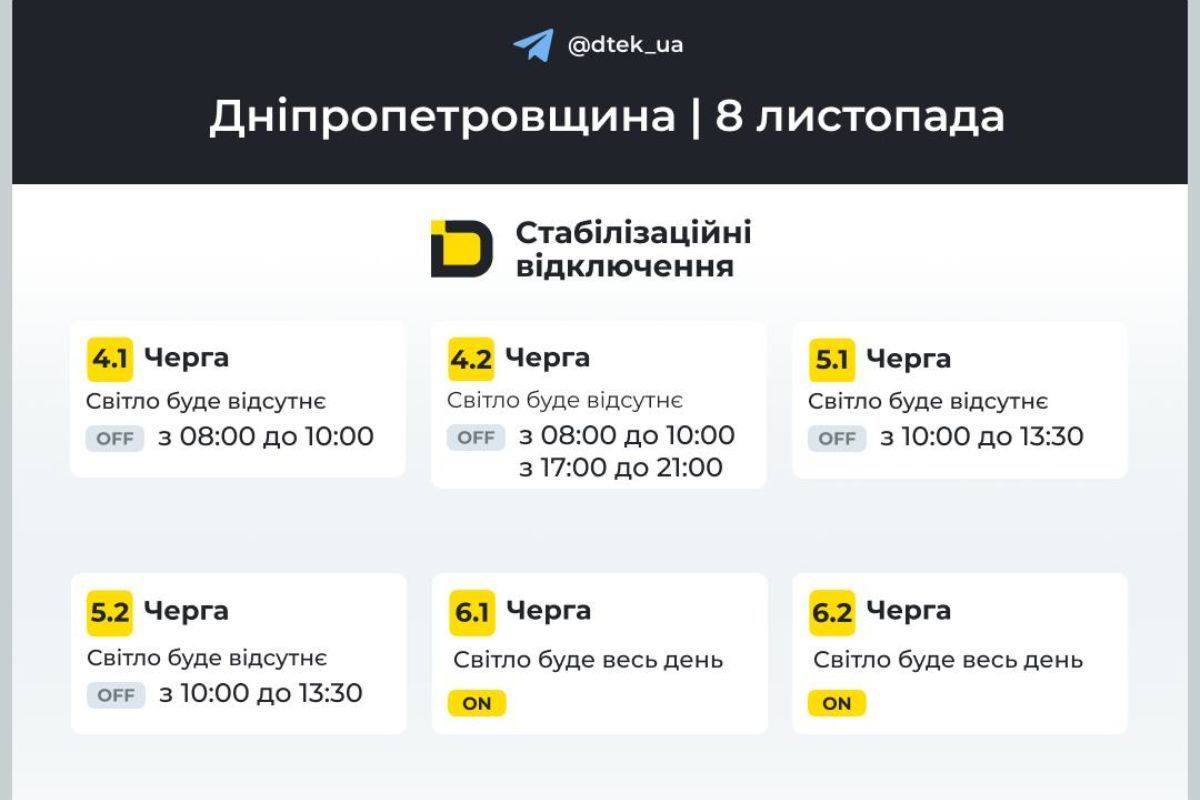 Графіки стабілізаційних відключень від ДТЕК на 8 листопада Графіки стабілізаційних відключень від ДТЕК на 8 листопада