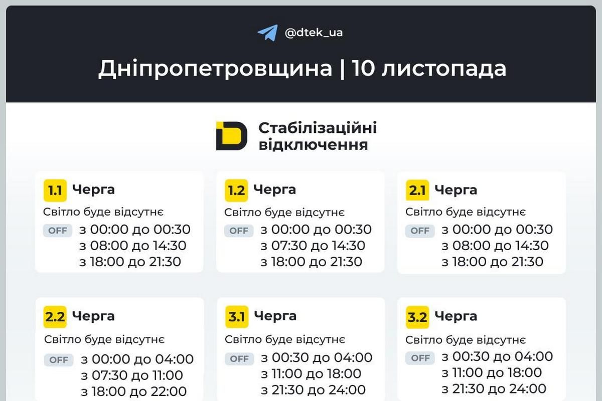Графіки стабілізаційних відключень від ДТЕК на 10 листопада